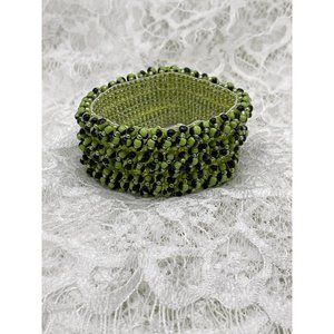 Vintage Black / Green Glass Seed Bead Stretch Bracelet